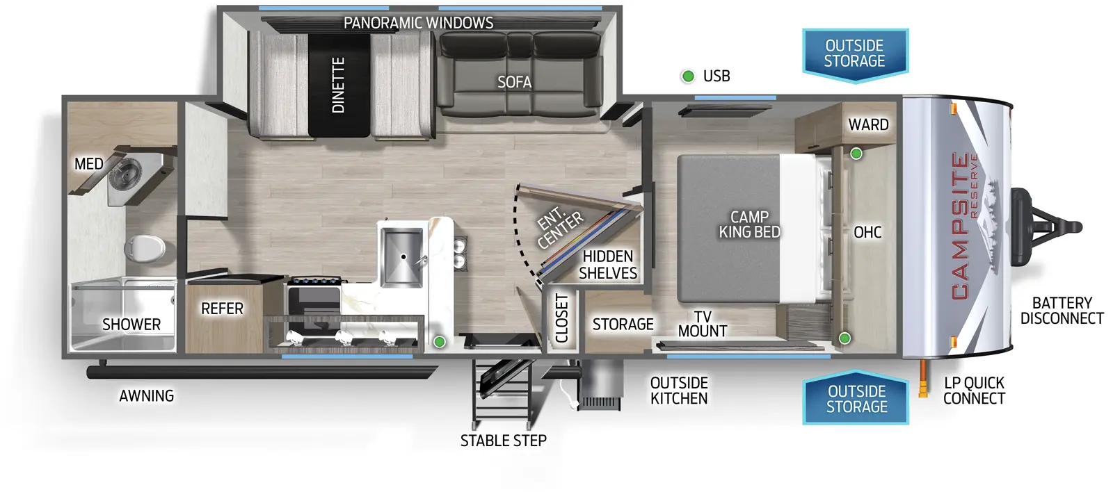 The Campsite Reserve 25MW floorplan has one entry and one slide out. Exterior features include: metal exterior and outside kitchen. Interiors features include: front bedroom and rear bathroom.